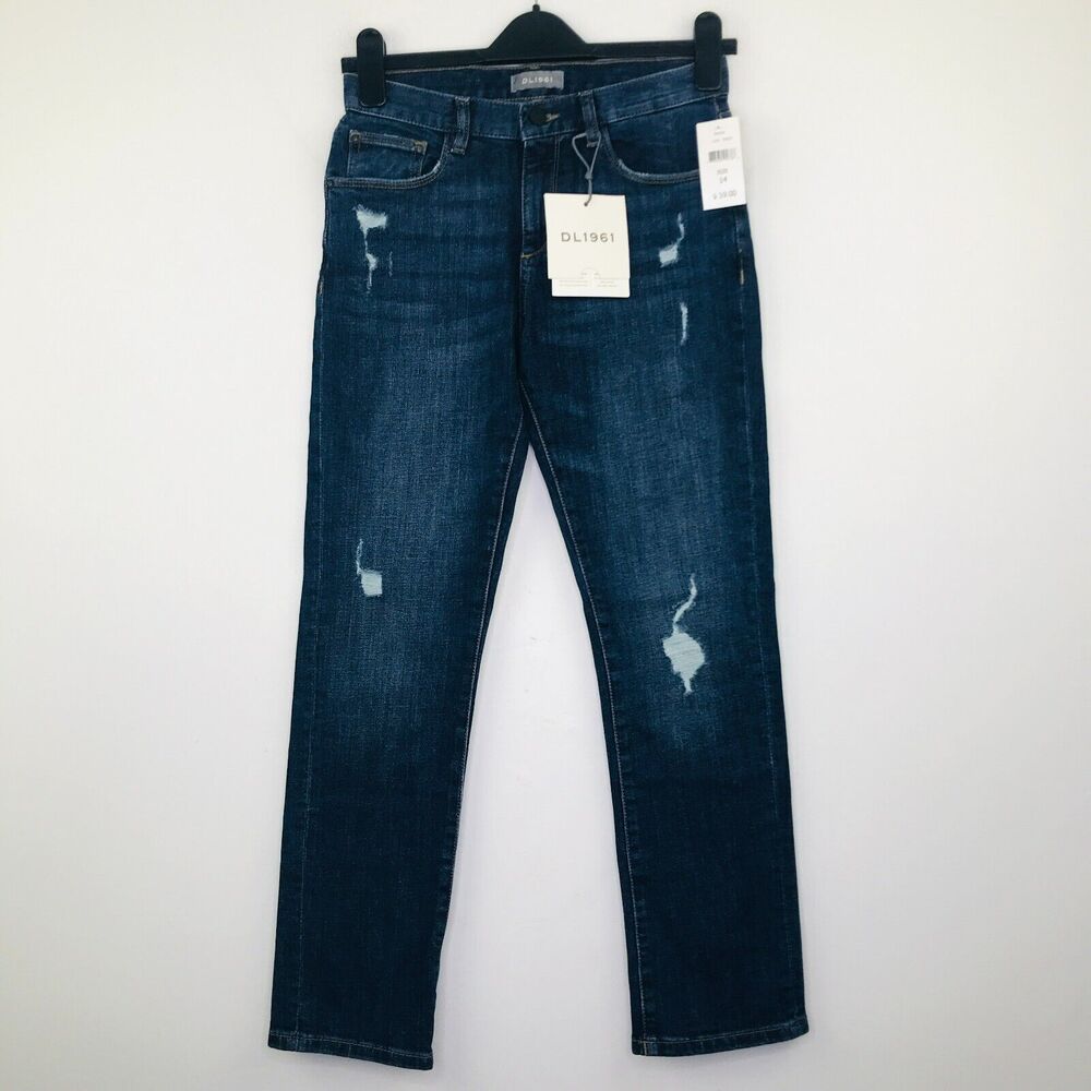 DL1961 Kid's 14 Jeans Blue Dark Wash Brady Slim Mood Straight Distressed NWT M